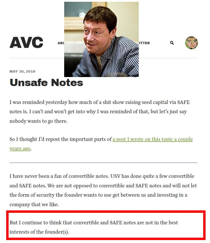 Fred Wilson - Criticism of SAFE Notes