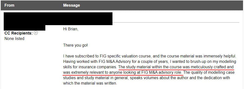 "The study material within the course was meticulously crafted and was extremely relevant to anyone looking at FIG M&A advisory [roles]."