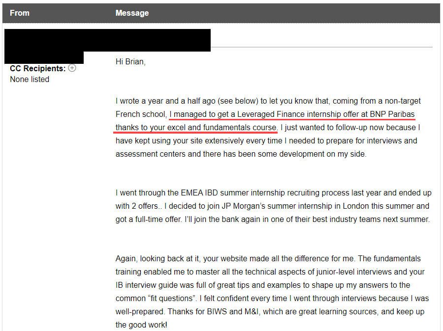 "I managed to get a Leveraged Finance internship offer at BNP Paribas thanks to your Excel & Fundamentals course."