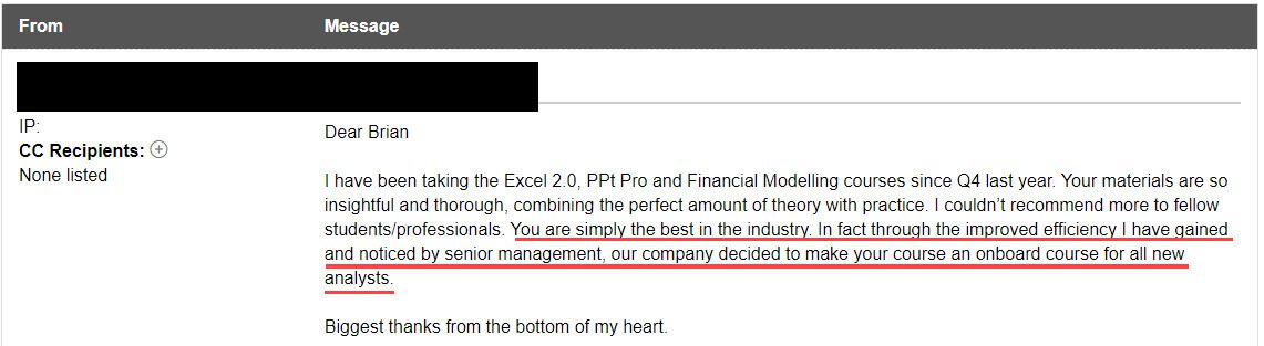 "You are simply the best in the industry. In fact, through the improved efficiency I have gained and noticed by senior management, our company decided to make your course an onboard course for all new analysts."