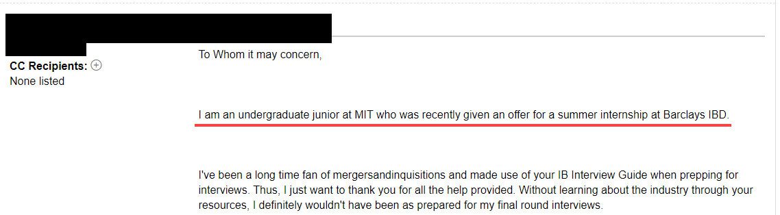 "I am an undergraduate junior at MIT who was recently given an offer for a summer internship at Barclays IBD."