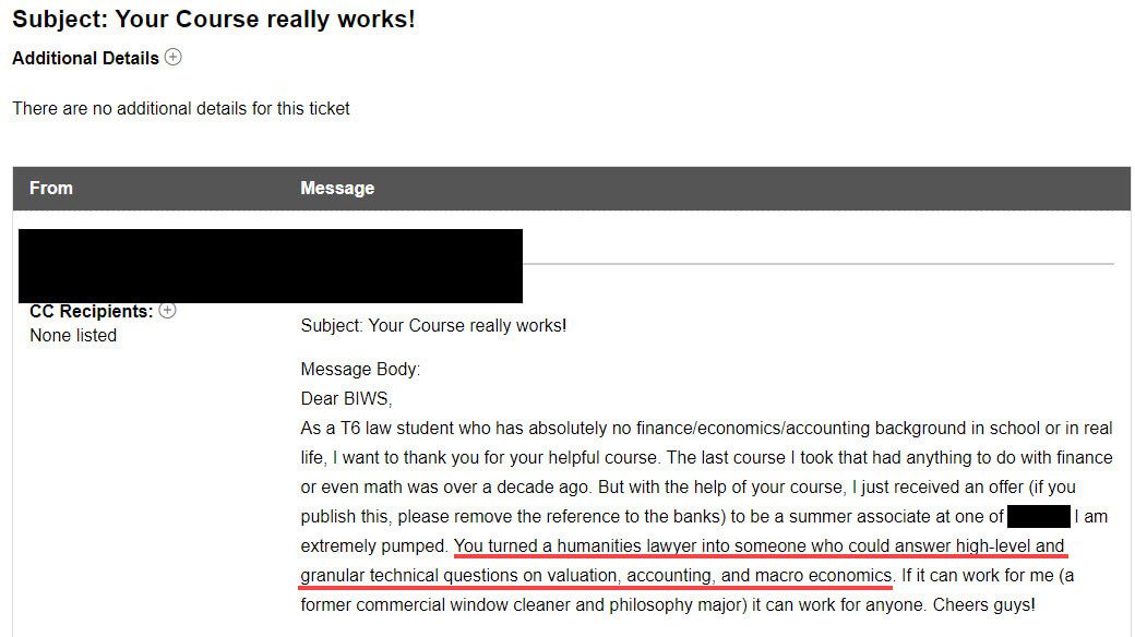 "You turned a humanities lawyer into someone who could answer high-level and granular technical questions on valuation, accounting, and macroeconomics."