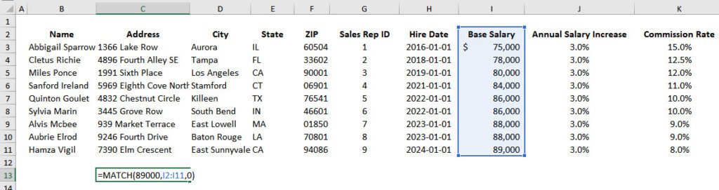 MATCH Function for a Column