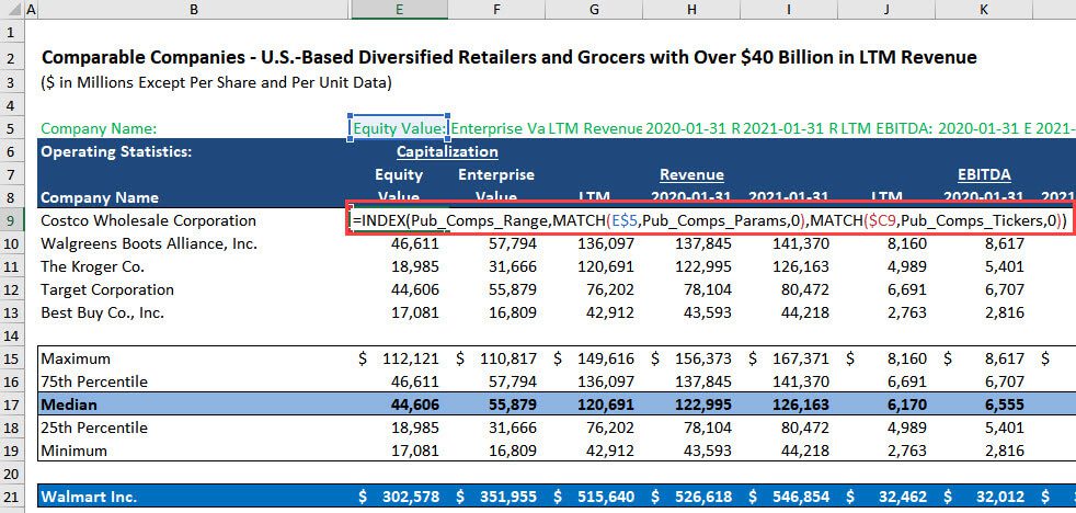 INDEX and MATCH for Calculations in Comparable Company Analysis