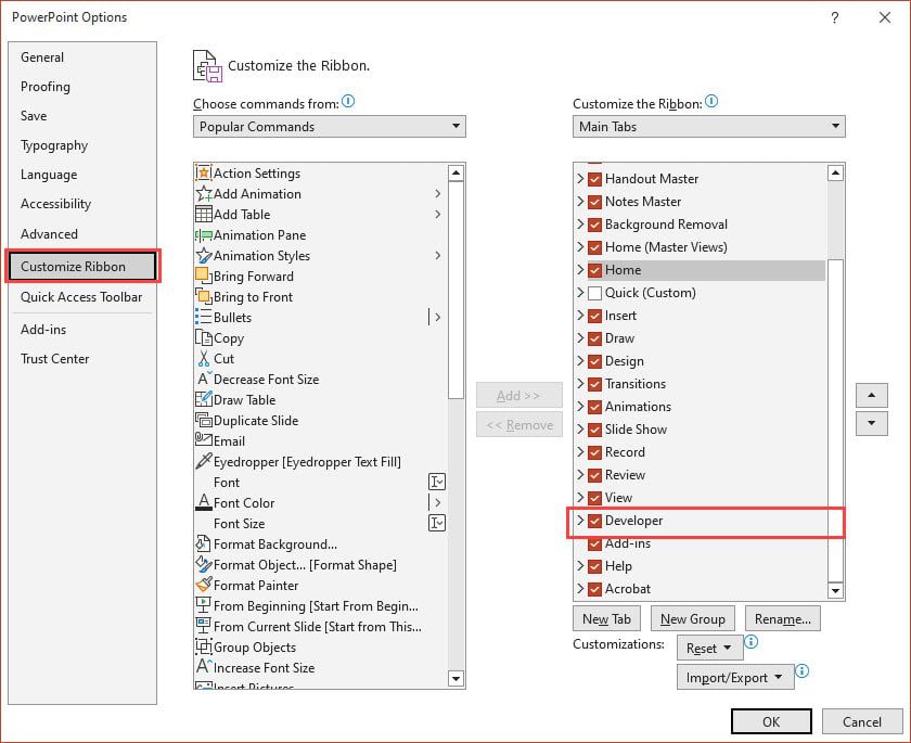 PowerPoint Ribbon Menu and Developer Tab
