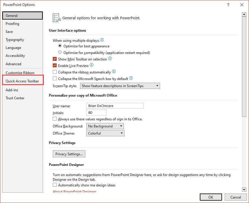 Options Menu in PowerPoint
