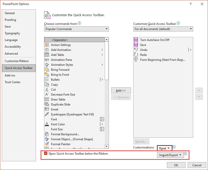 PowerPoint Quick Access Toolbar - Import Button