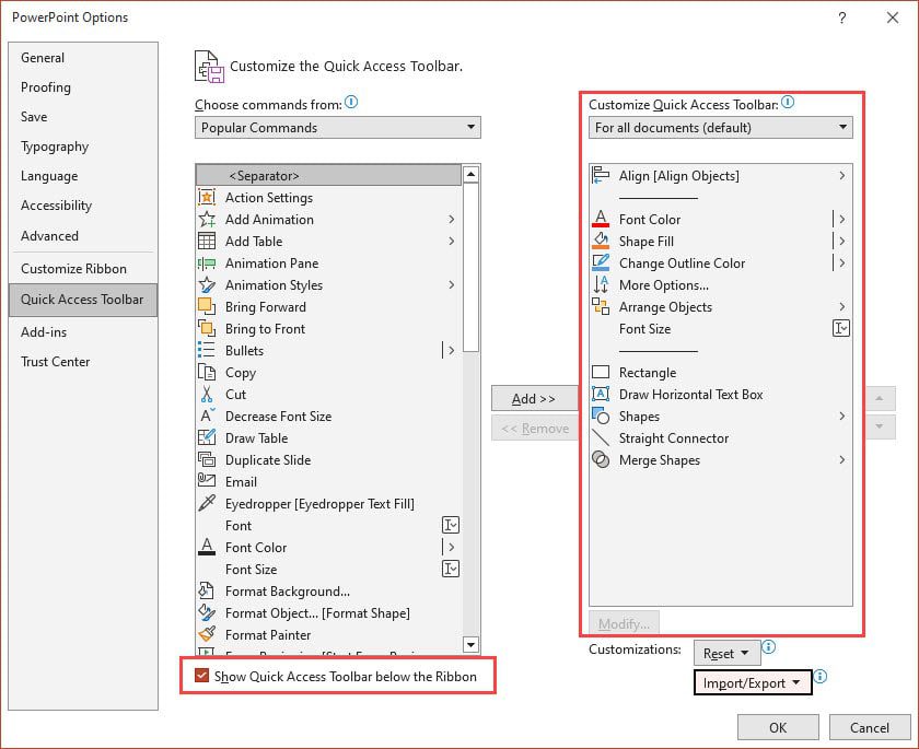 PowerPoint Quick Access Toolbar - Complete Settings