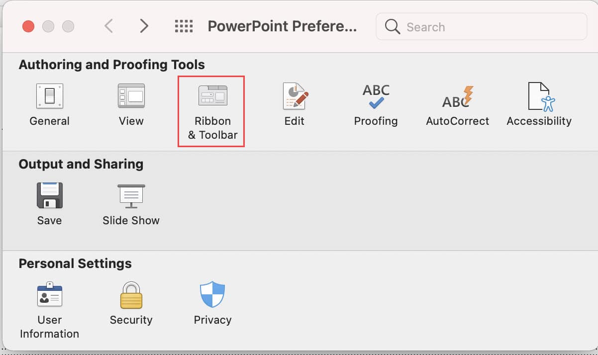 Mac PowerPoint - Options Menu