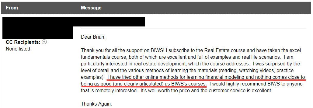 "I Have Tried Other Online Methods for Learning Financial Modeling and Nothing Comes Close to Being as Good (and Clearly Articulated) as BIWS's Courses."