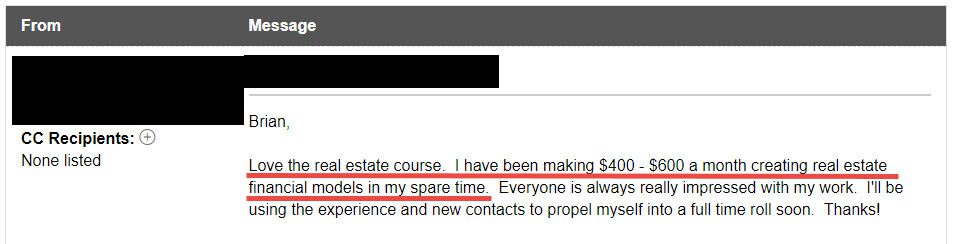 "Love the Real Estate Course. I Have Been Making $400 - $600 a Month Creating Real Estate Financial Models in My Spare Time. Everyone is Always Really Impressed with My Work."